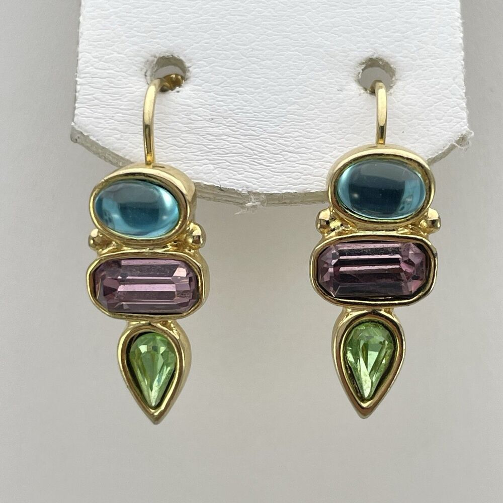Vintage Premier Designs Gold Tone Blue Purple Green Glass Rhinestone Earrings